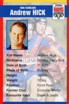1998 Clipsal Adelaide Rams #NNO Andrew Hick Front